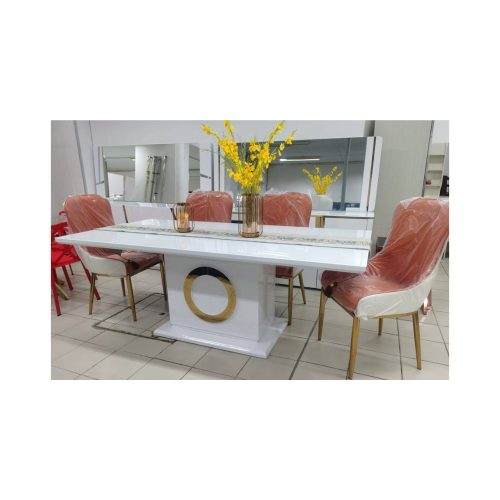 Mesa de jantar e 8 cadeiras, aço inoxidável marmore dourada